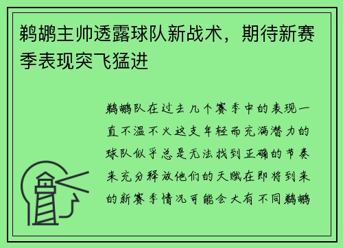 鹈鹕主帅透露球队新战术，期待新赛季表现突飞猛进