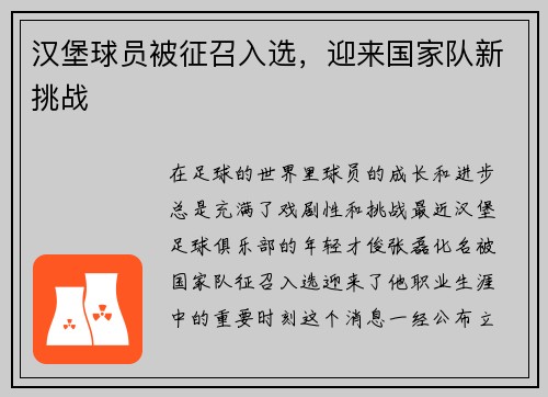 汉堡球员被征召入选，迎来国家队新挑战